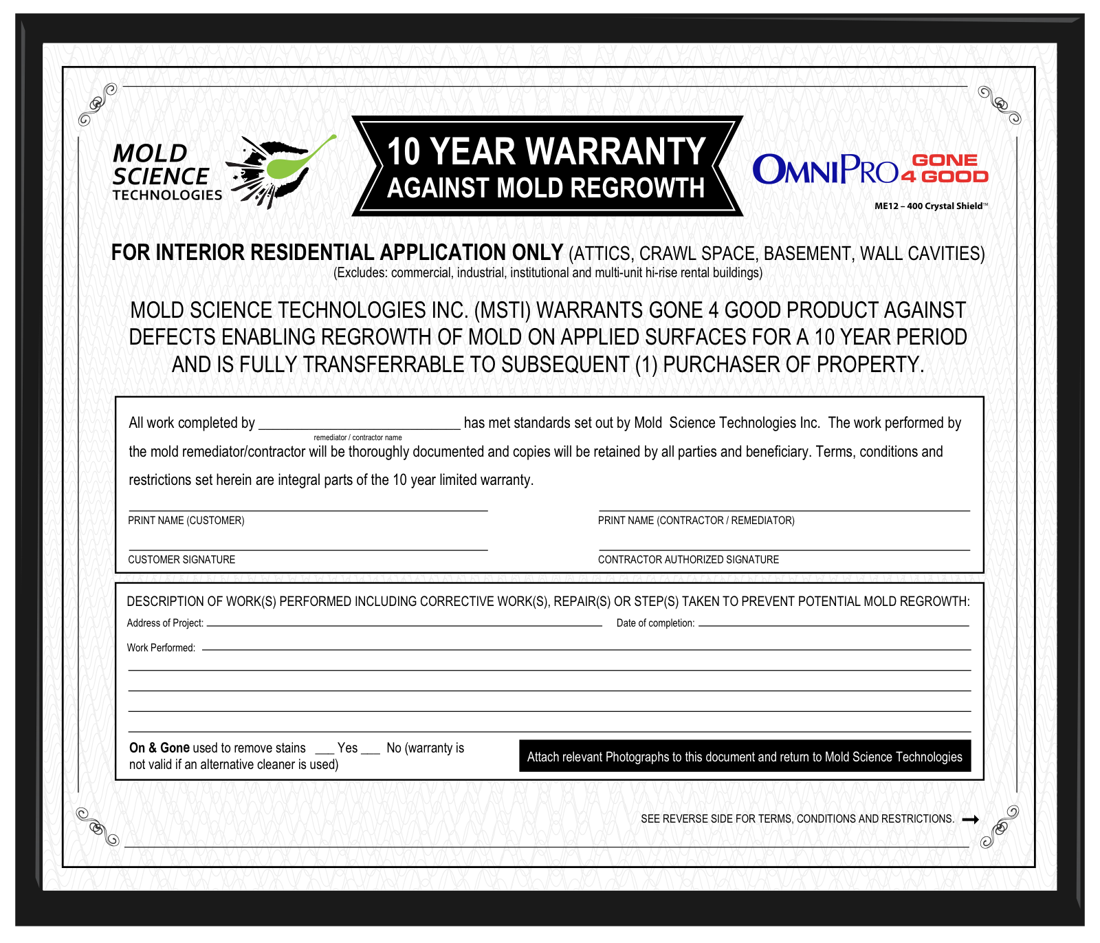 OmniPro Gone 4 Good 10-year warranty certificate, front page